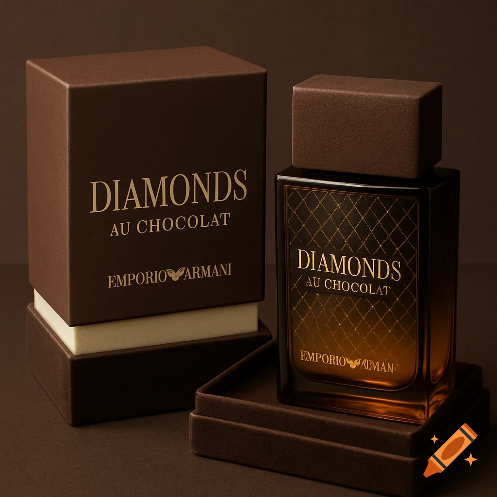 A dark brown perfume bottle with gold text 'Diamonds Au Chocolat' and matching brown box on a dark surface, photorealistic.