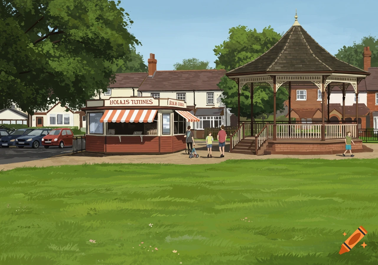 An illustrated English park scene with a bandstand, a tea kiosk with a striped awning, a grassy area, a car park, and houses.