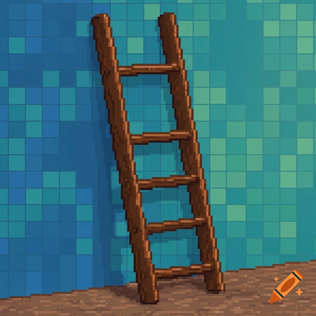 A wooden ladder leans against a blue and green tiled wall in a pixel art style.