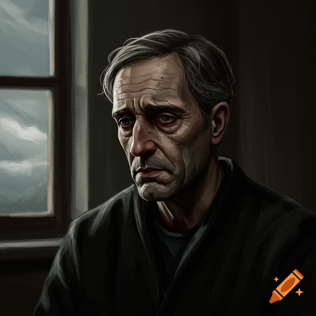 Painterly portrait of a melancholic older man with gray hair looking down, by a window.