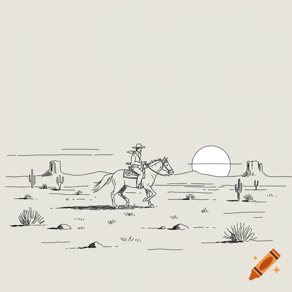 A simple line art drawing of a cowboy riding a horse in a desert landscape with cactuses and mesa mountains under a sun.