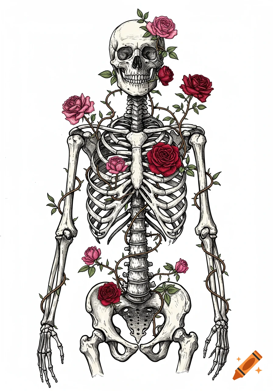 Drawing of a human skeleton adorned with pink and red roses and thorny vines on a white background.