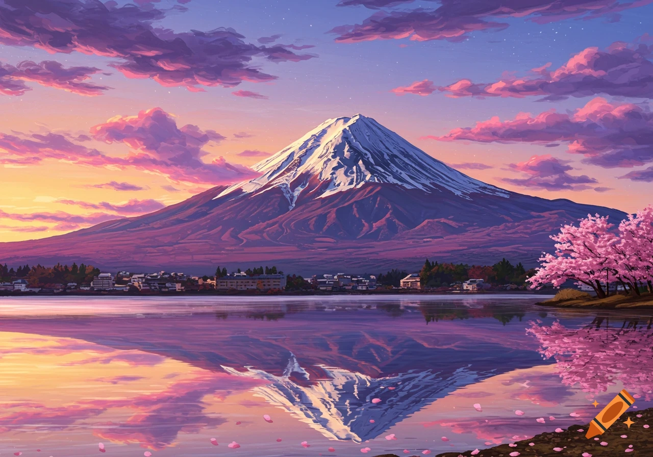 Anime landscape of Mount Fuji reflected in a lake, with cherry blossoms and a vibrant sunset sky.