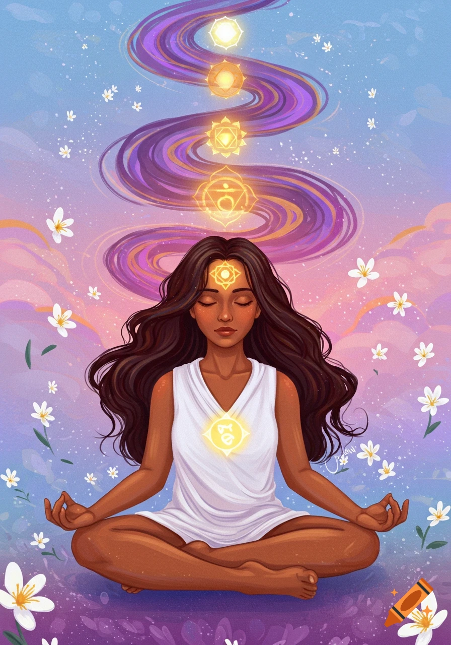 Illustration of a woman meditating with closed eyes, glowing chakra symbols, and floating flowers against a vibrant sky.