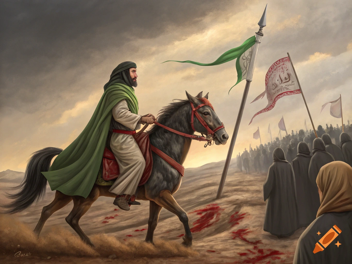A man in green robes rides a dark horse through a desert, a green flag on a spear beside him and a crowd of robed figures in the background.