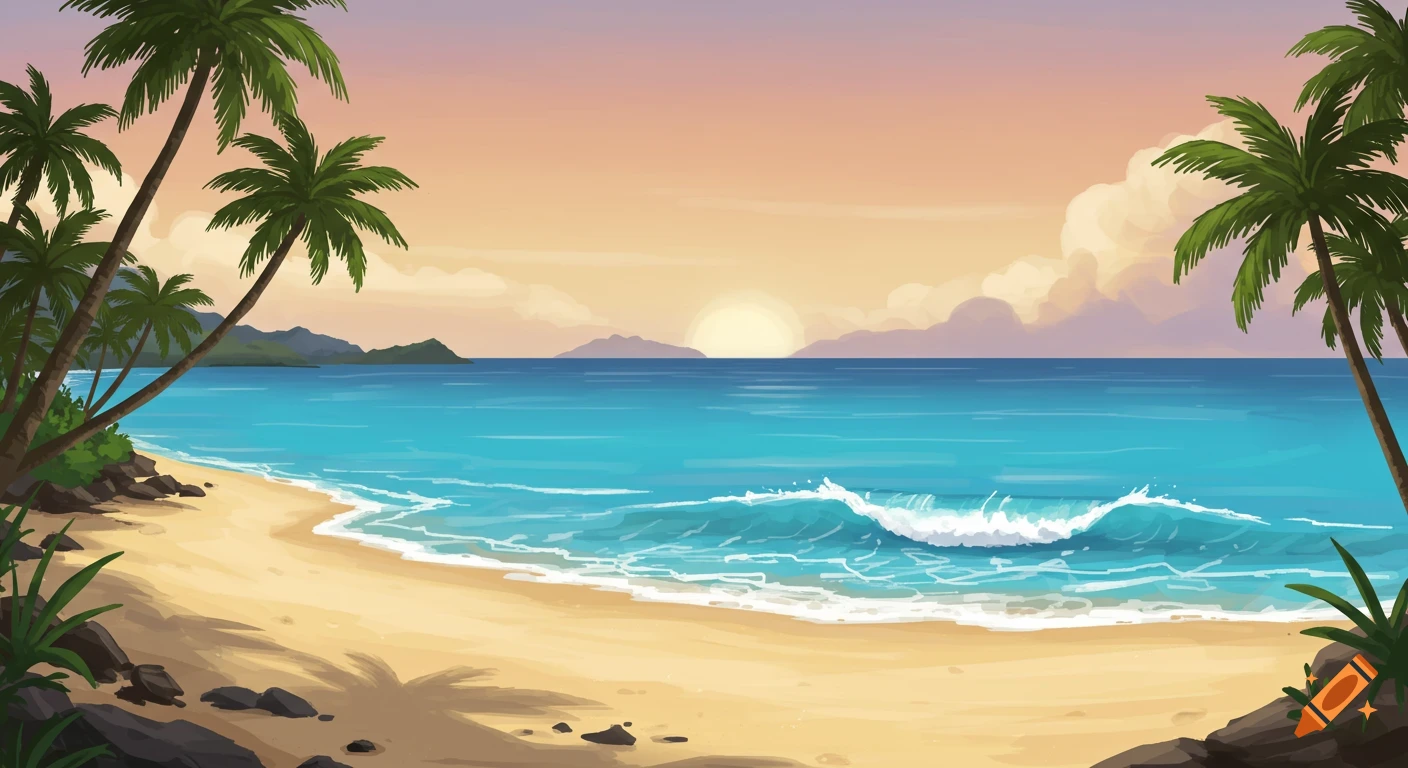 Vibrant illustration of a tropical beach at sunset with tall palm trees, blue ocean waves, and distant mountains.