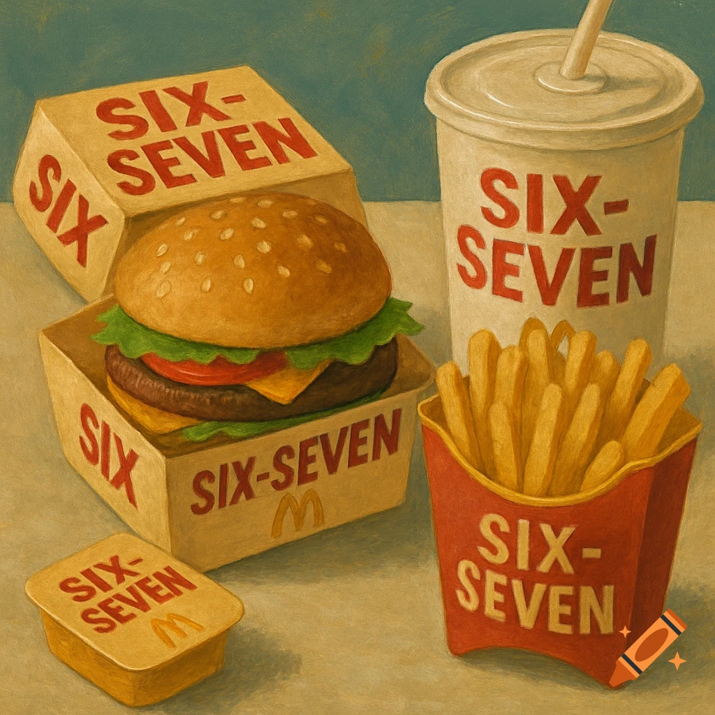 A painterly still life of a McDonald's meal, including a burger, fries, a drink, and a sauce packet, with 'SIX-SEVEN' text on all packaging.