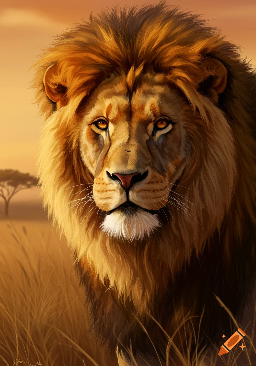 A majestic male lion with a golden mane gazes forward in a sunlit savanna, digital painting.