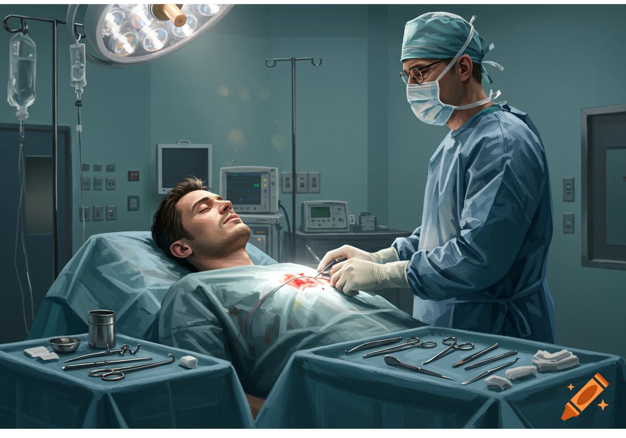 A surgeon operates on a patient on an operating table in a hospital, with medical equipment visible.