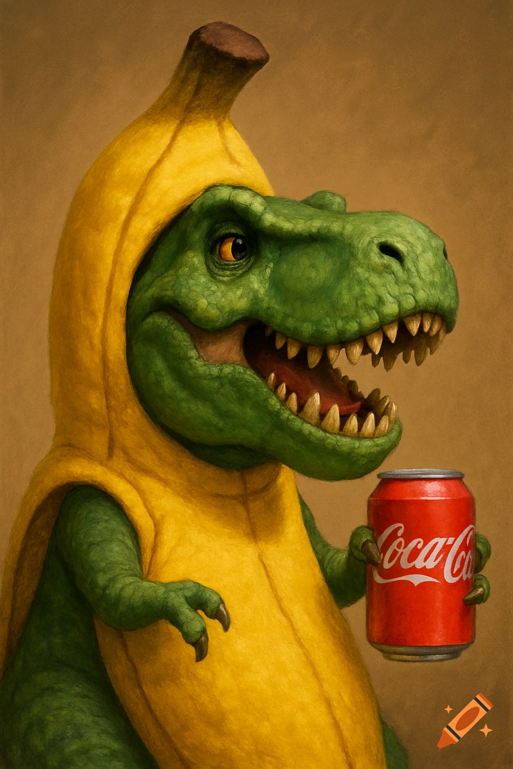 A green T.rex in a banana costume holds a Coca-Cola can in a digital painting.