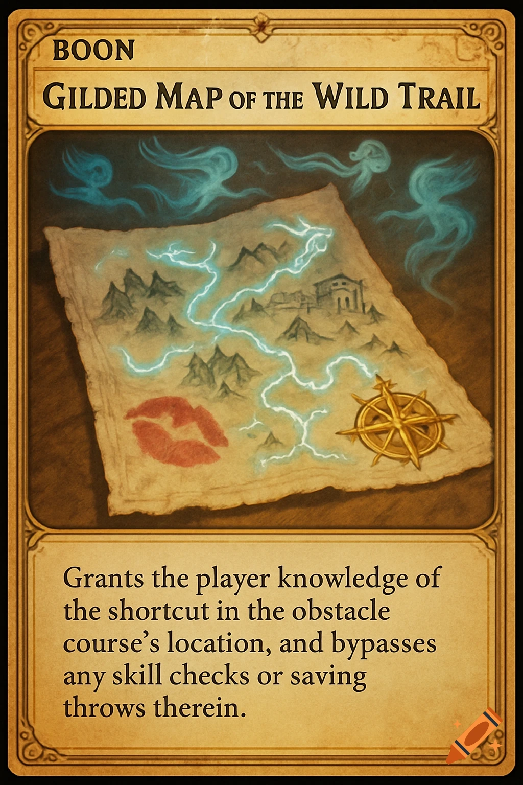 A fantasy collectible card titled 'Gilded Map of the Wild Trail', featuring an old map with glowing paths, a lipstick print, a golden compass, and ethereal blue spirits.