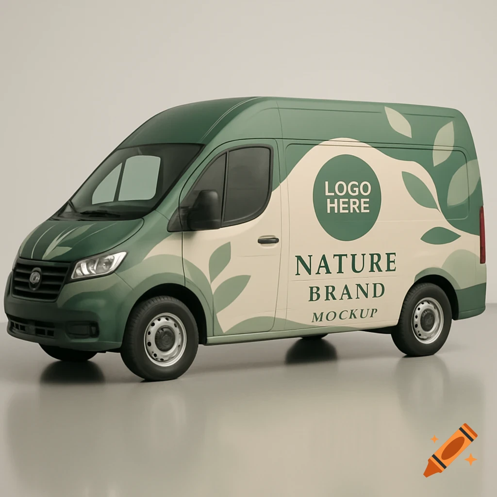 A 3D render of a green and beige van with a nature-themed branding mockup featuring leaves, 'LOGO HERE', and 'NATURE BRAND MOCKUP'.