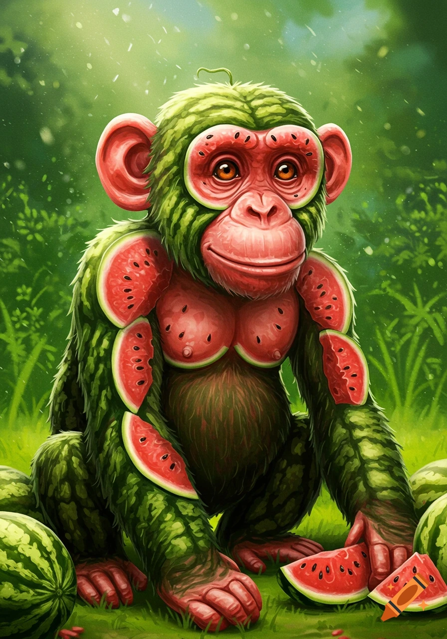 A vibrant, cartoonish chimpanzee made of watermelon rind and flesh, sitting in a lush green jungle surrounded by watermelon slices.
