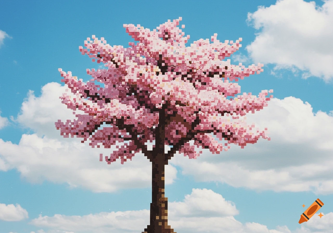 Pixelated pink cherry blossom tree against a bright blue sky with white cumulus clouds, digital art style.