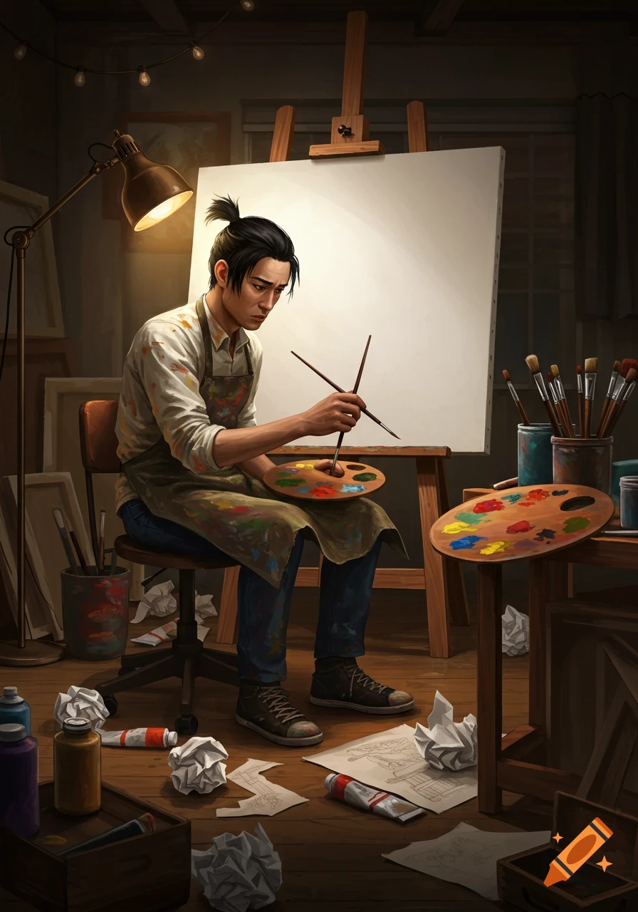 A male artist with a ponytail, wearing an apron, holds brushes and a palette, looking at a blank canvas in a dimly lit art studio with supplies scattered around.