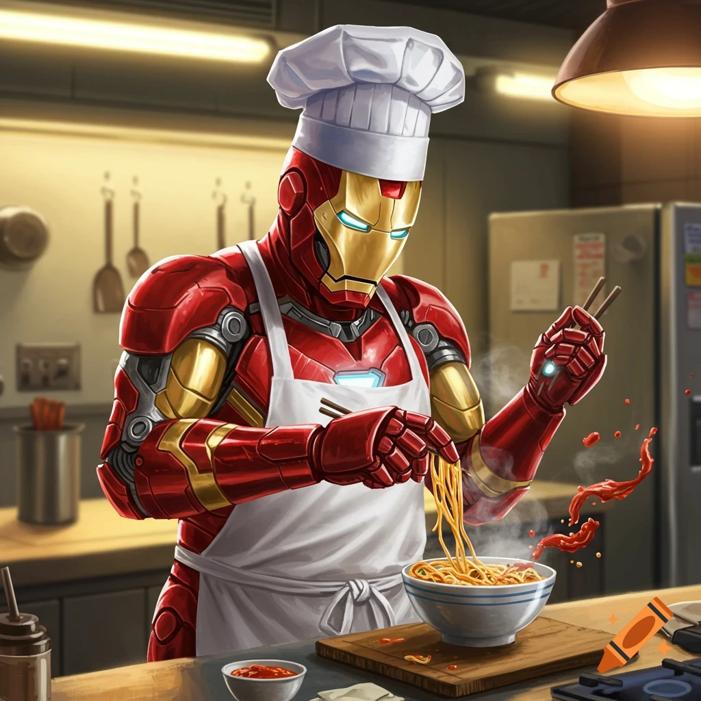 Iron Man in a chef's hat and apron cooking noodles with chopsticks in a kitchen, digital art.