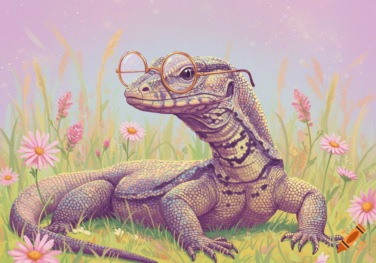 A whimsical illustration of a lace monitor lizard wearing round glasses, lying in a field of green grass and pink flowers.
