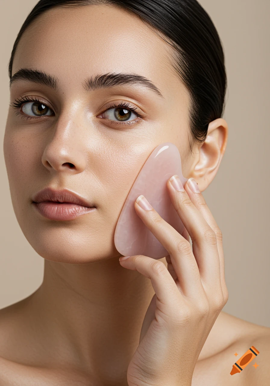Close-up of a woman with natural skin gently holding a pink gua sha massager on her cheek.
