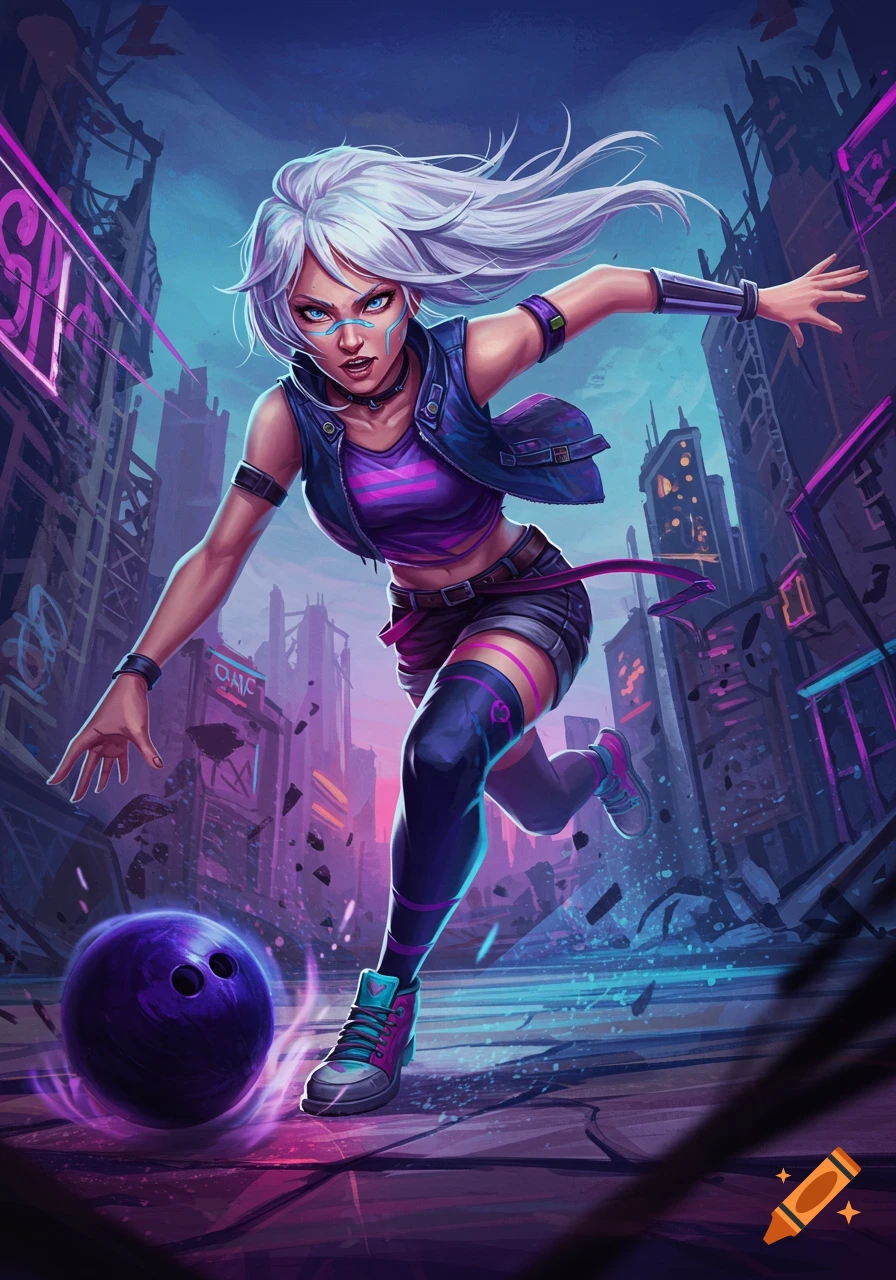A white-haired woman in a purple outfit bowls a purple ball in a vibrant, neon-lit cyberpunk city.