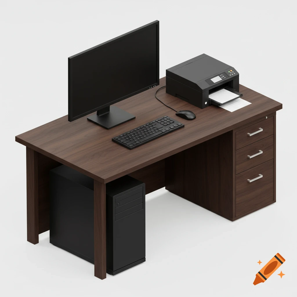 A 3D isometric view of a brown office desk with a black computer monitor, keyboard, mouse, printer, and a computer tower.