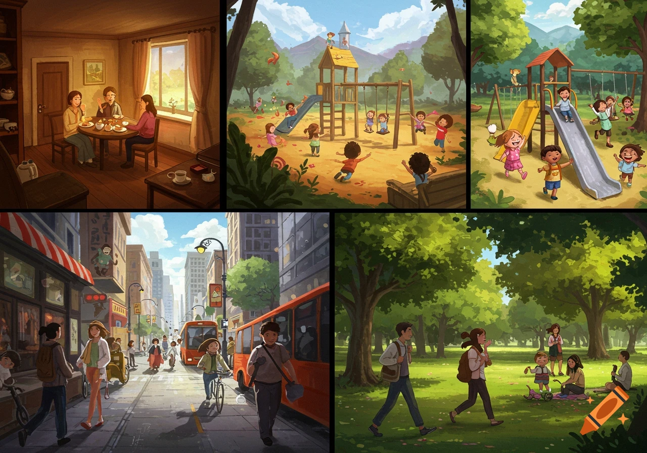 A colorful collage of four illustrated scenes: people eating in a cozy home, children playing in a vibrant playground, a bustling city street, and a peaceful park with people relaxing.