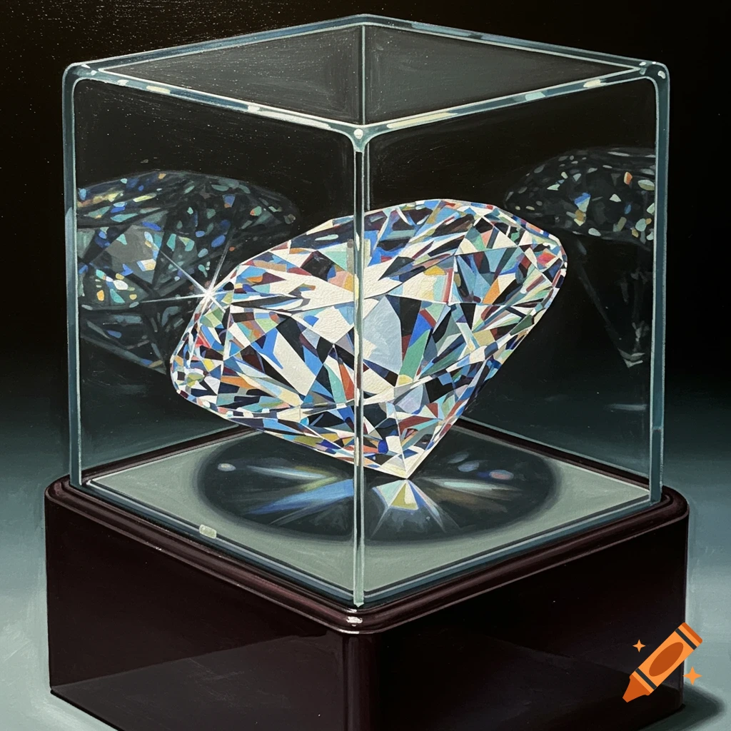 A painting of a large, colorful diamond inside a clear glass display case with a dark brown base, against a dark background.