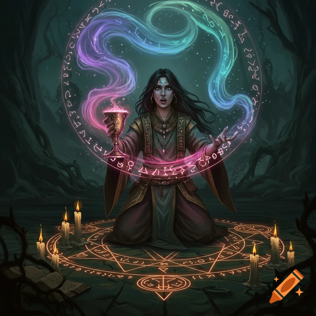 A fantasy illustration of a person kneeling in a dark forest, performing a glowing magic ritual with a goblet and swirling colorful energy.