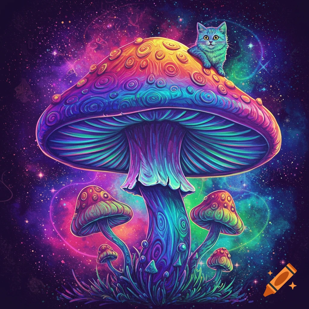 A small green cat sits atop a large, colorful psychedelic mushroom, surrounded by smaller mushrooms and a vibrant cosmic, starry background.