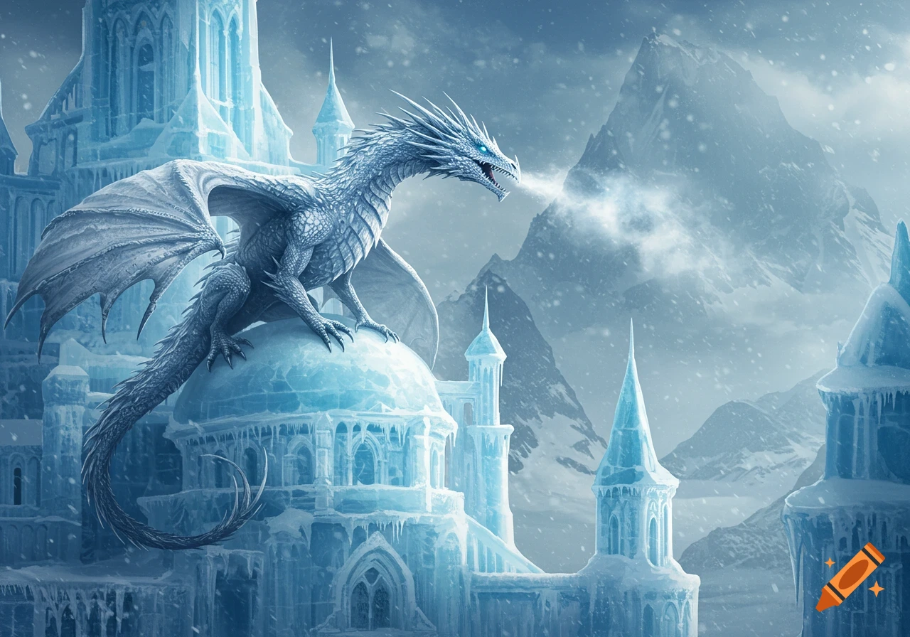 An ice dragon perched atop an elaborate ice palace amidst snowy mountains.