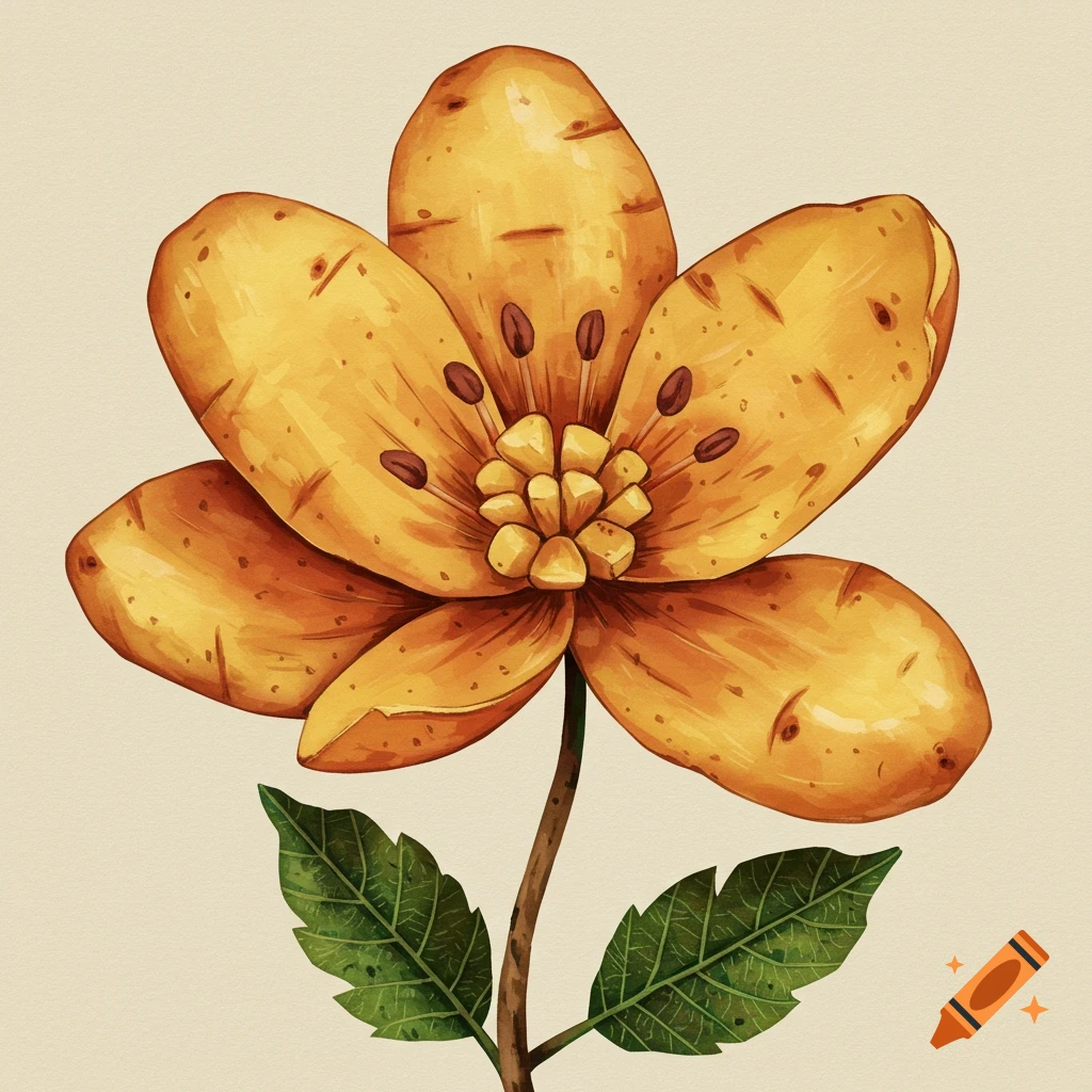 Watercolor illustration of a flower with potato-shaped petals, a brown stem, and green leaves.