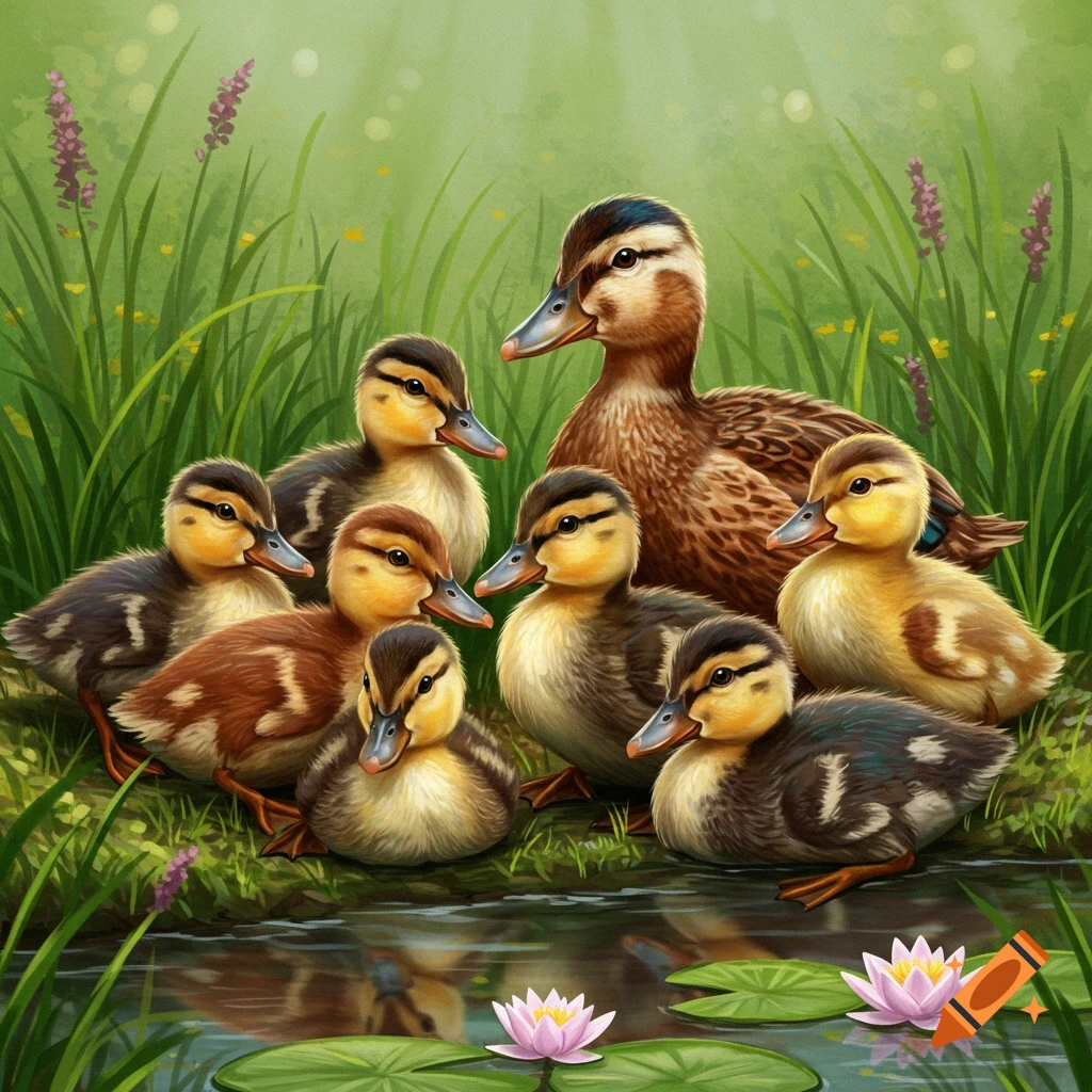 A mother duck and many ducklings gather by a pond with water lilies and green grass.