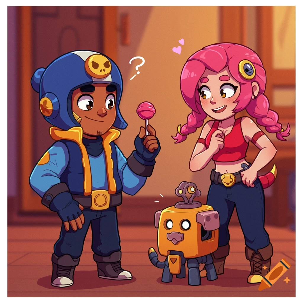Cartoon characters Leon and Jessie from Brawl Stars with a robot. Leon holds a lollipop, Jessie smiles proudly.