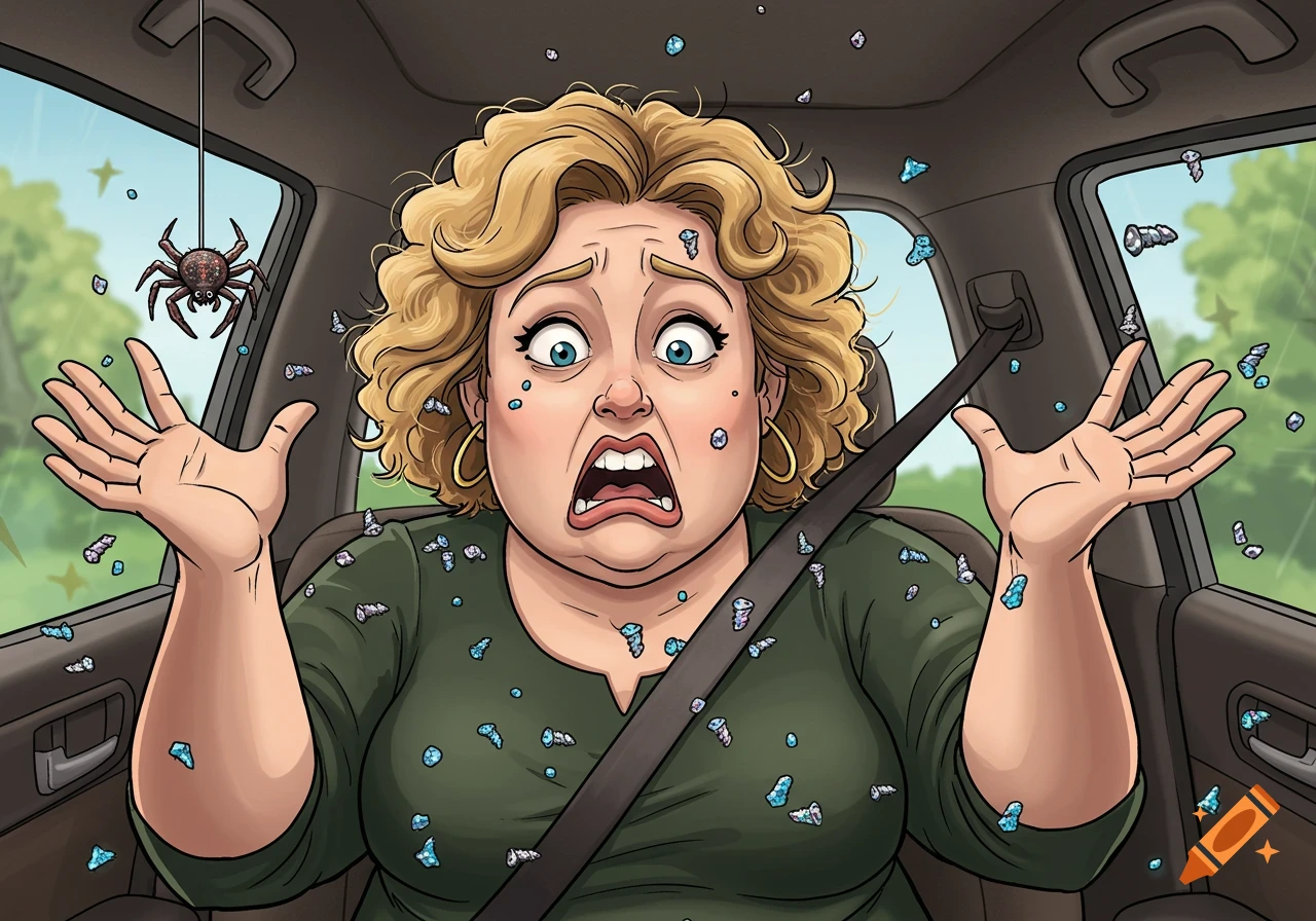 Cartoon woman with blonde curly hair screaming in a car, scared by a spider, as diamond painting drills fly around.