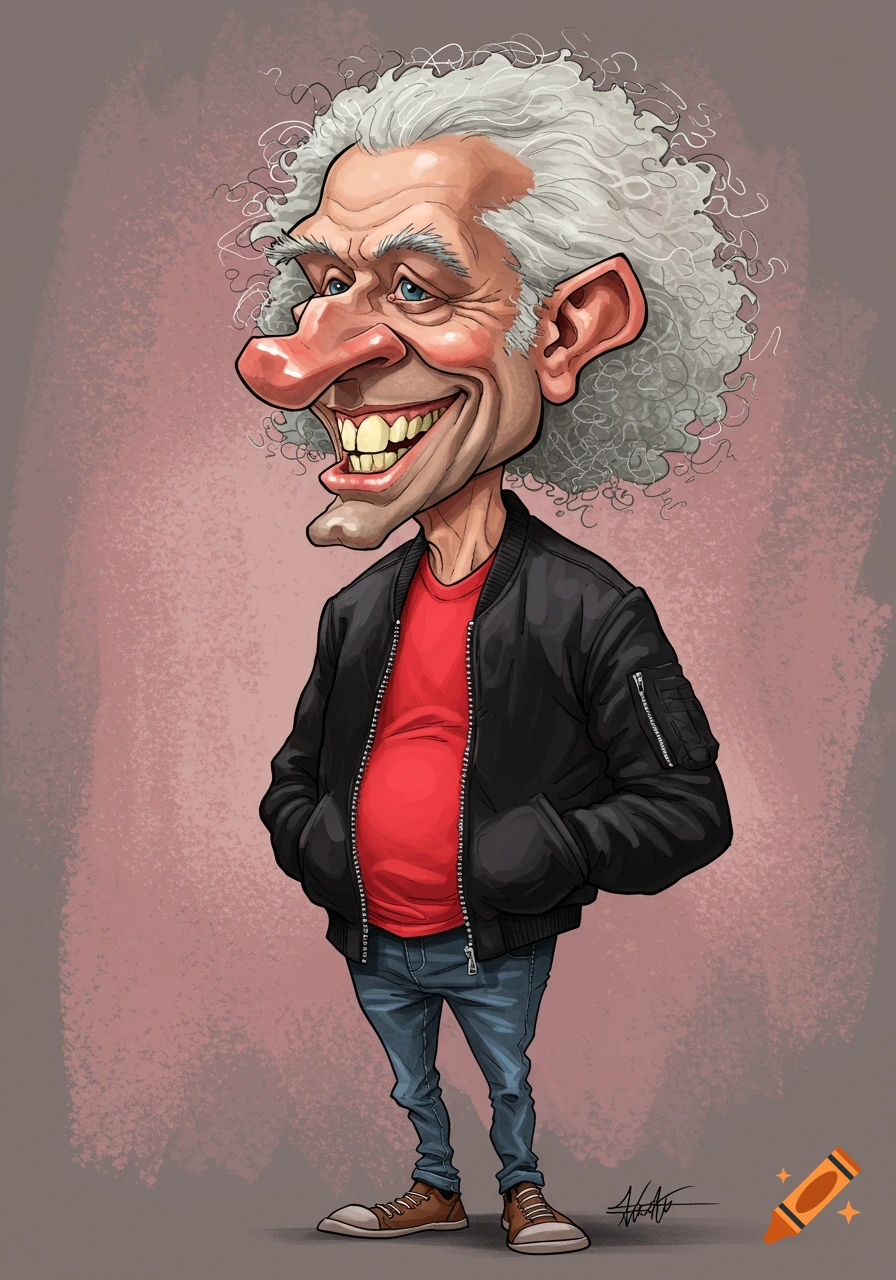 A colorful caricature of an older man with white curly hair, big nose, and a wide smile, wearing a red t-shirt, black jacket, and jeans.