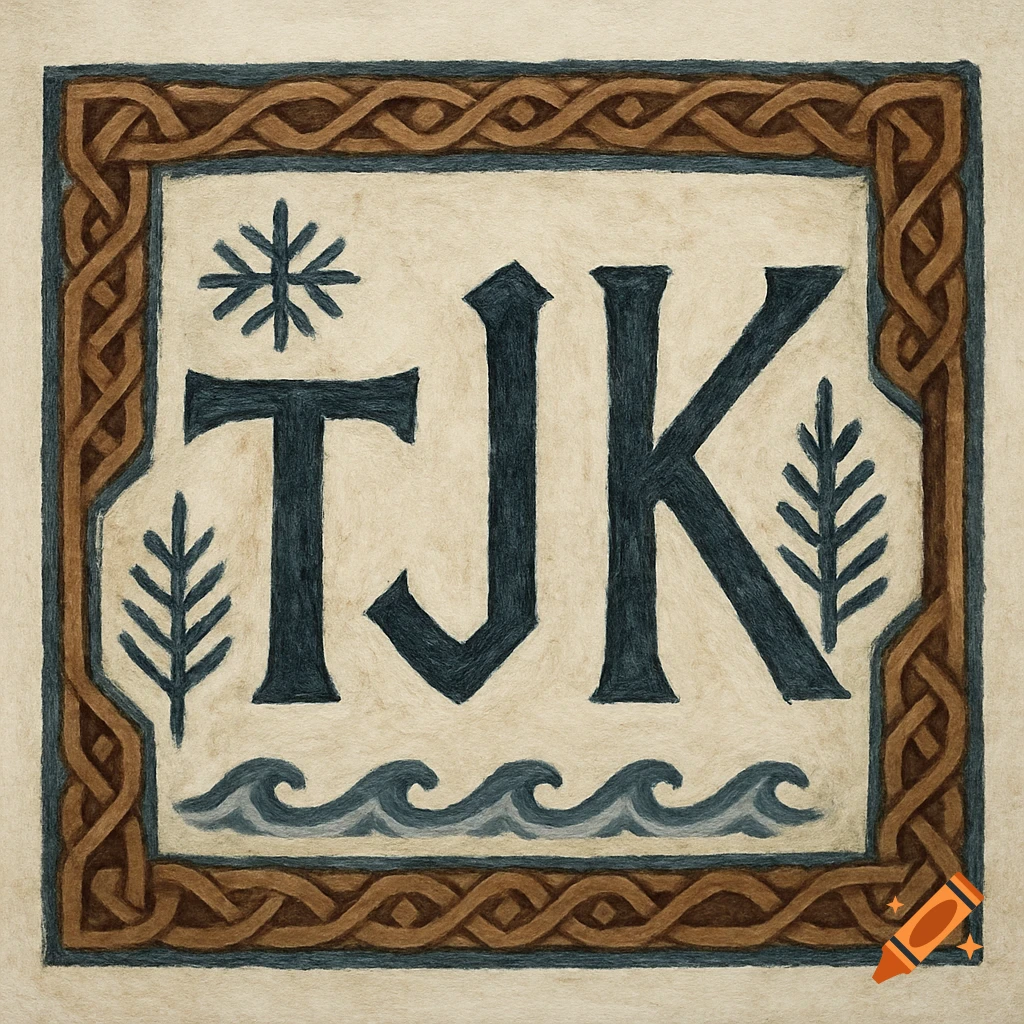 Initials TJK in a decorative Nordic and Celtic knotwork frame with nature elements.