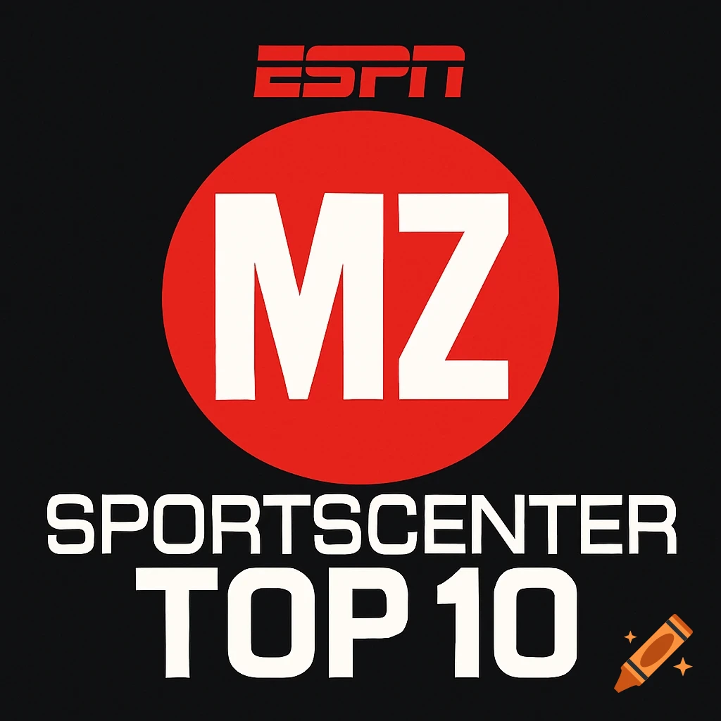 A graphic logo with red and white text on a black background, featuring the ESPN logo, a red circle with 'MZ', and 'SPORTSCENTER TOP 10'.
