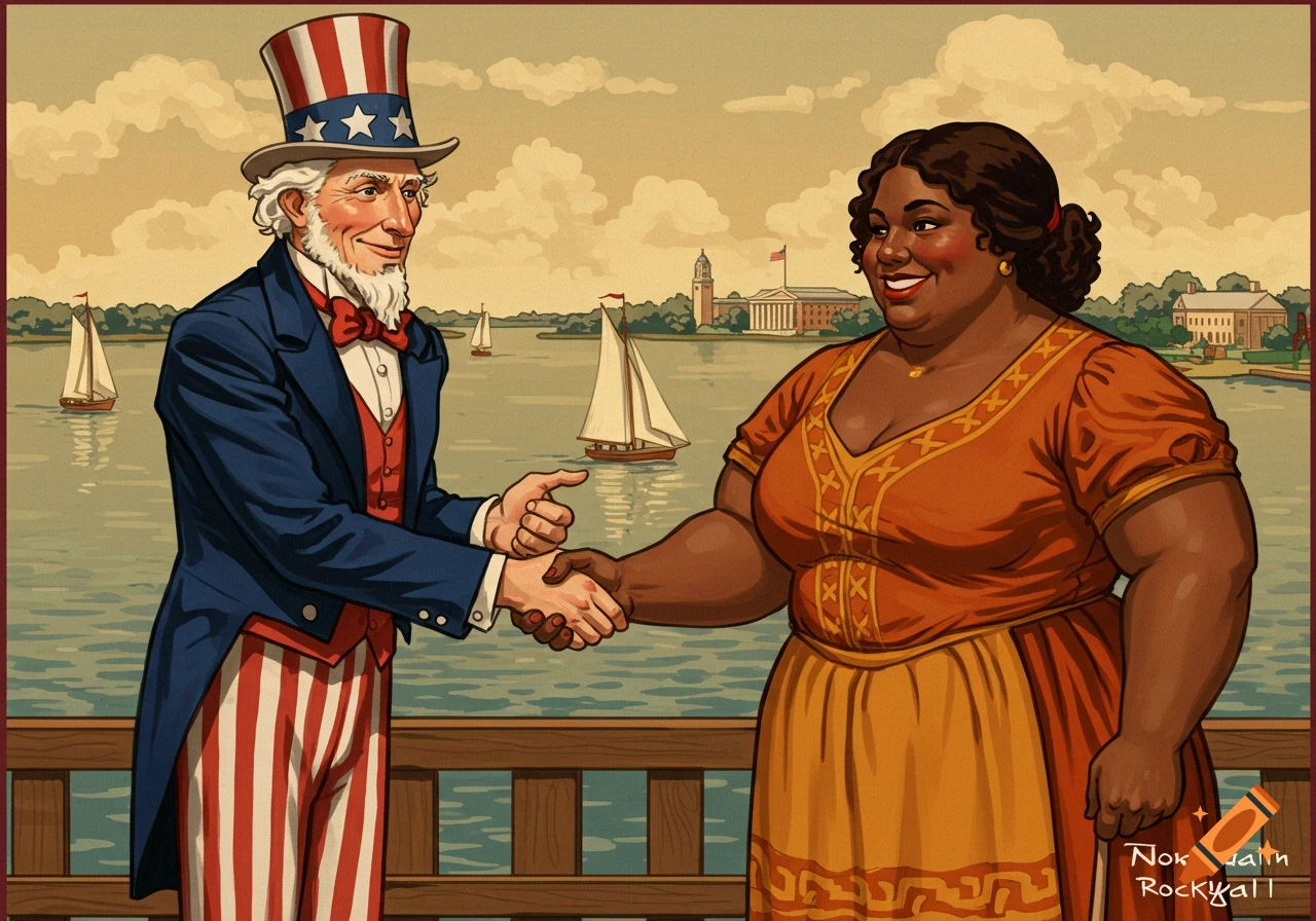 Uncle Sam in his patriotic suit and top hat shakes hands with a smiling Black woman in an orange dress by a body of water with sailboats and buildings in the background, in an illustrative style.