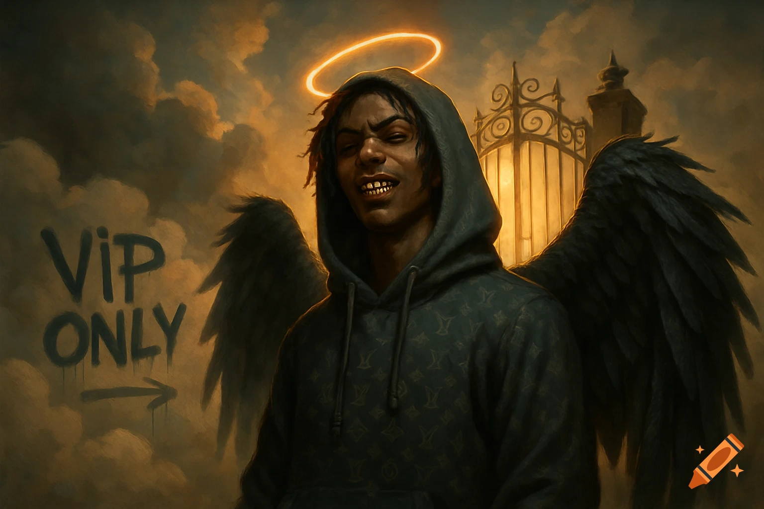 A rebellious angel with black wings and a hoodie stands at glowing heaven gates with 'VIP ONLY' graffiti on moody clouds in a cinematic style.