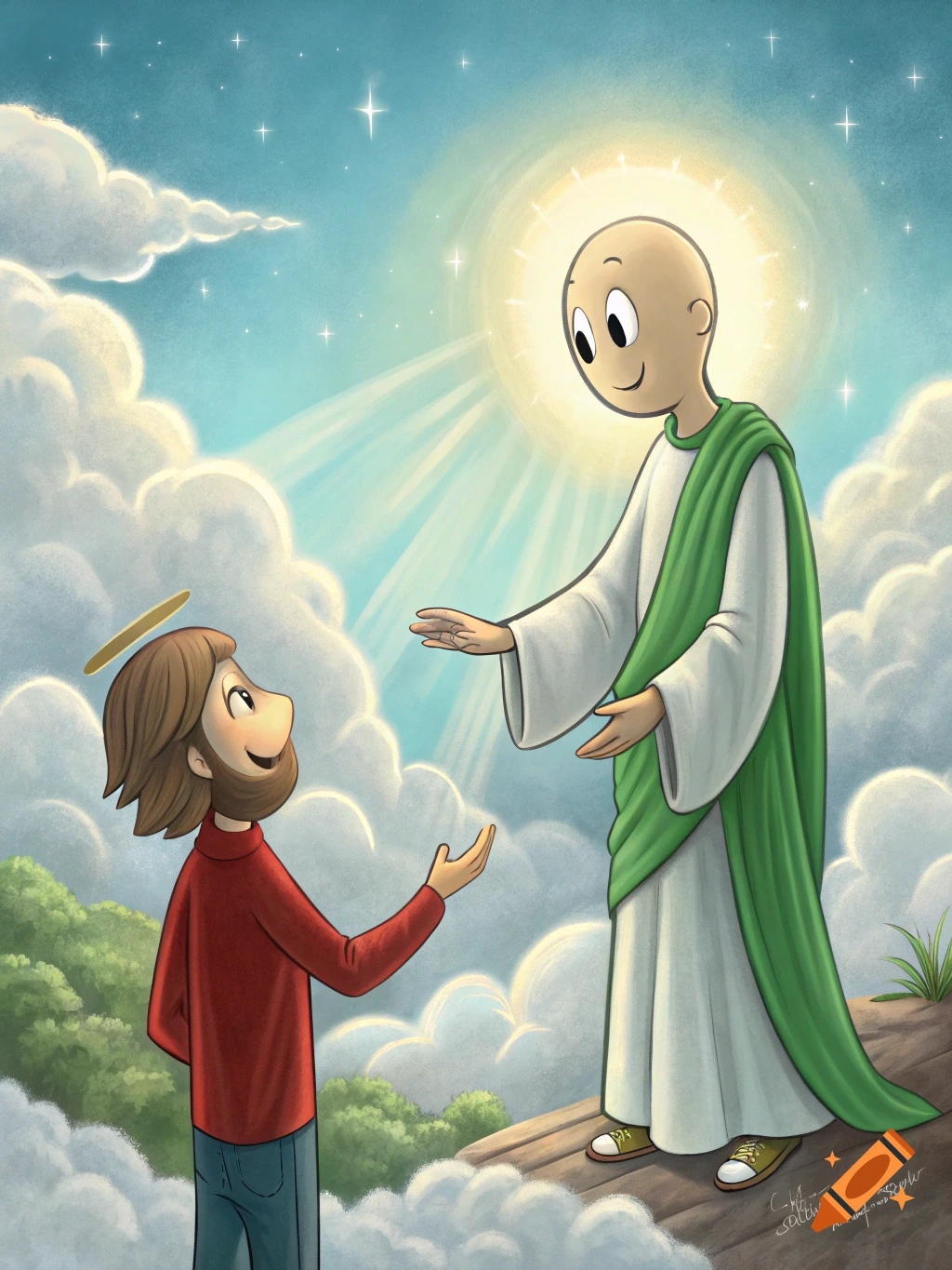 Cartoon illustration of a glowing, bald figure in green robes reaching to a bearded man with a halo in a cloudy sky.