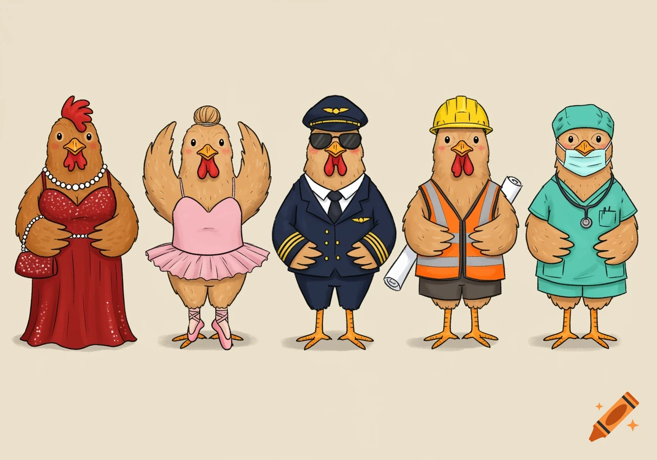 Five cartoon chickens dressed in various costumes including a glamorous gown, ballet tutu, pilot uniform, construction vest, and surgeon scrubs.