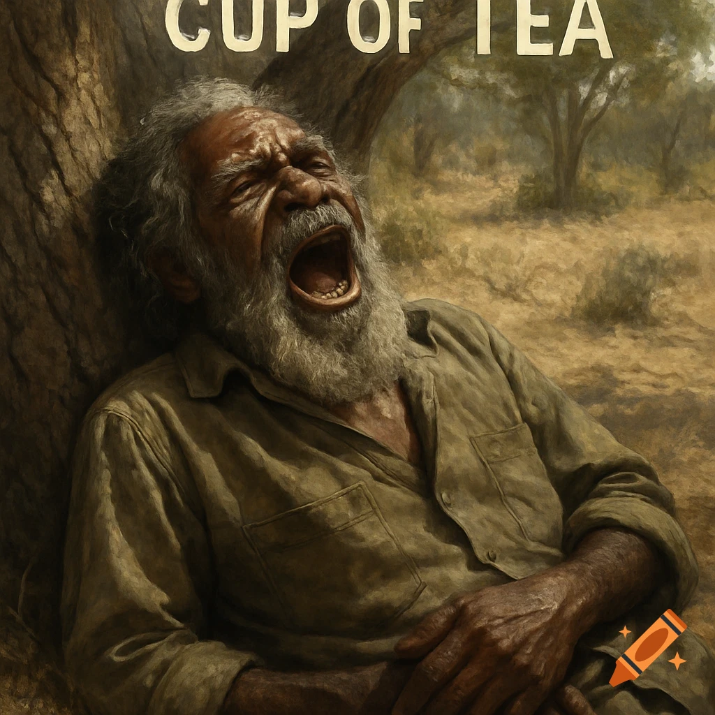 Realistic painting of an old bearded Indigenous man shouting 'CUP OF TEA' while leaning against a tree.