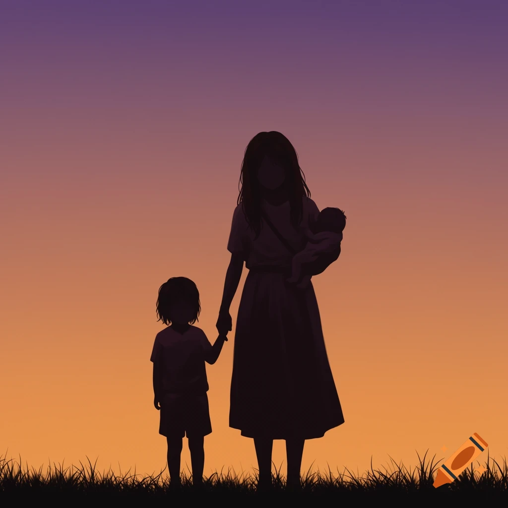 Silhouette of a woman holding a baby and a child's hand against a sunset sky.