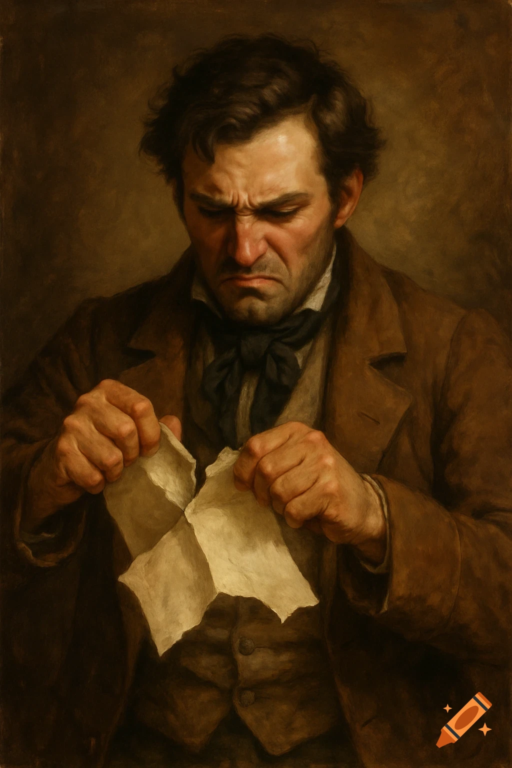 A detailed portrait painting of a distressed man in old clothing, intensely tearing a letter in his hands.