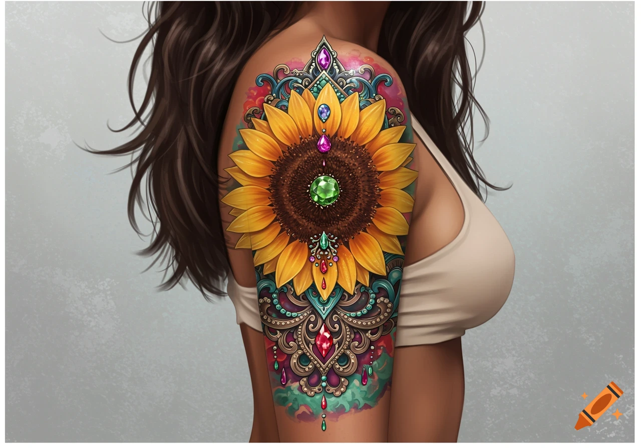 Woman's arm with a vibrant sunflower tattoo featuring filigree and colorful gemstones.