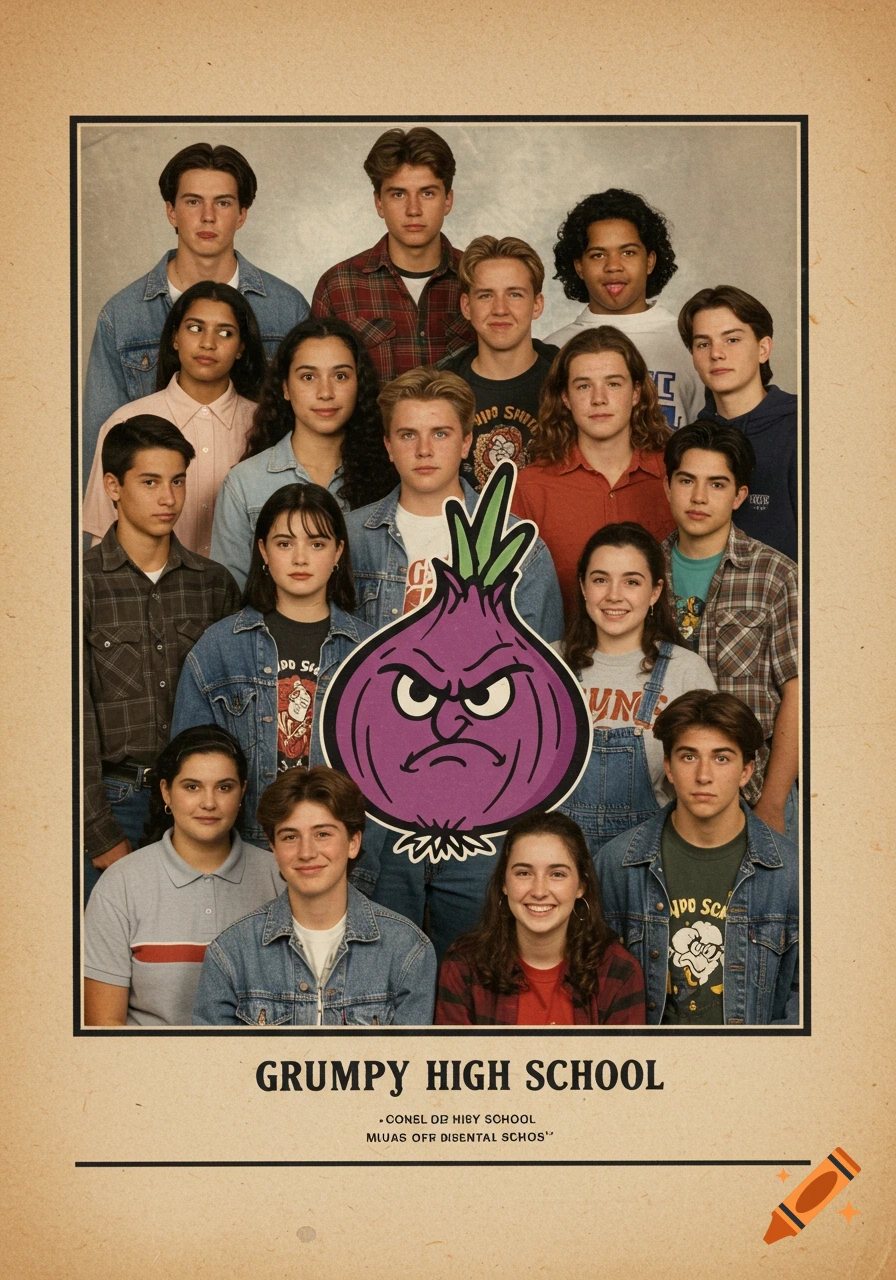 A vintage-style high school yearbook photo featuring a group of students and a large, grumpy purple onion cartoon.