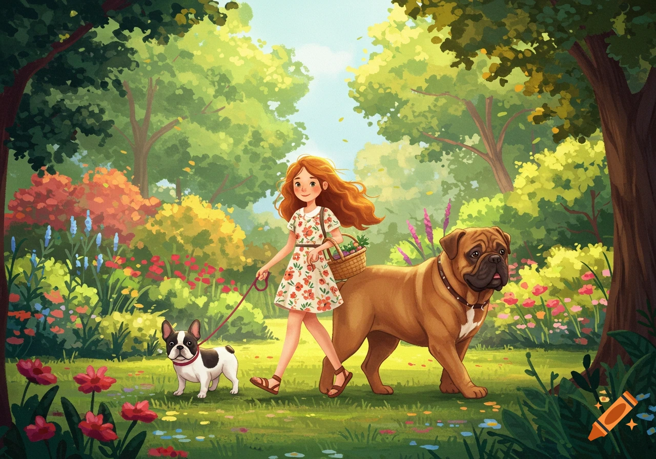 A girl walks two dogs, a large brown mastiff and a small French bulldog, through a colorful, vibrant garden.