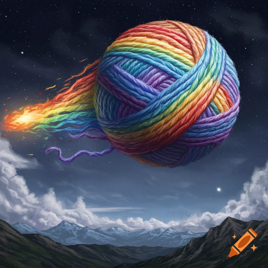 A giant rainbow yarn ball with a fiery trail flying over a mountainous landscape under a starry night sky.