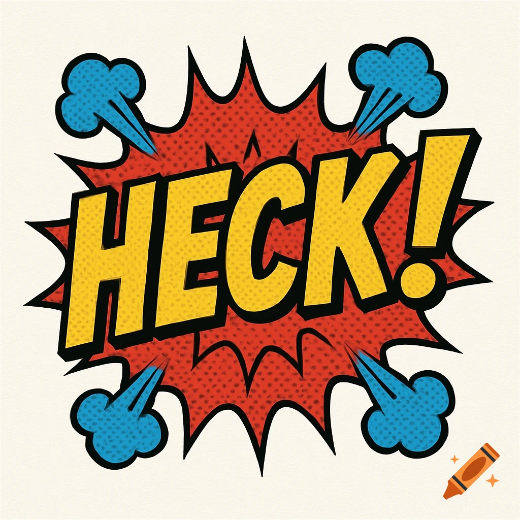 A yellow 'HECK!' in bold letters within a red comic book style explosion bubble with blue smoke.