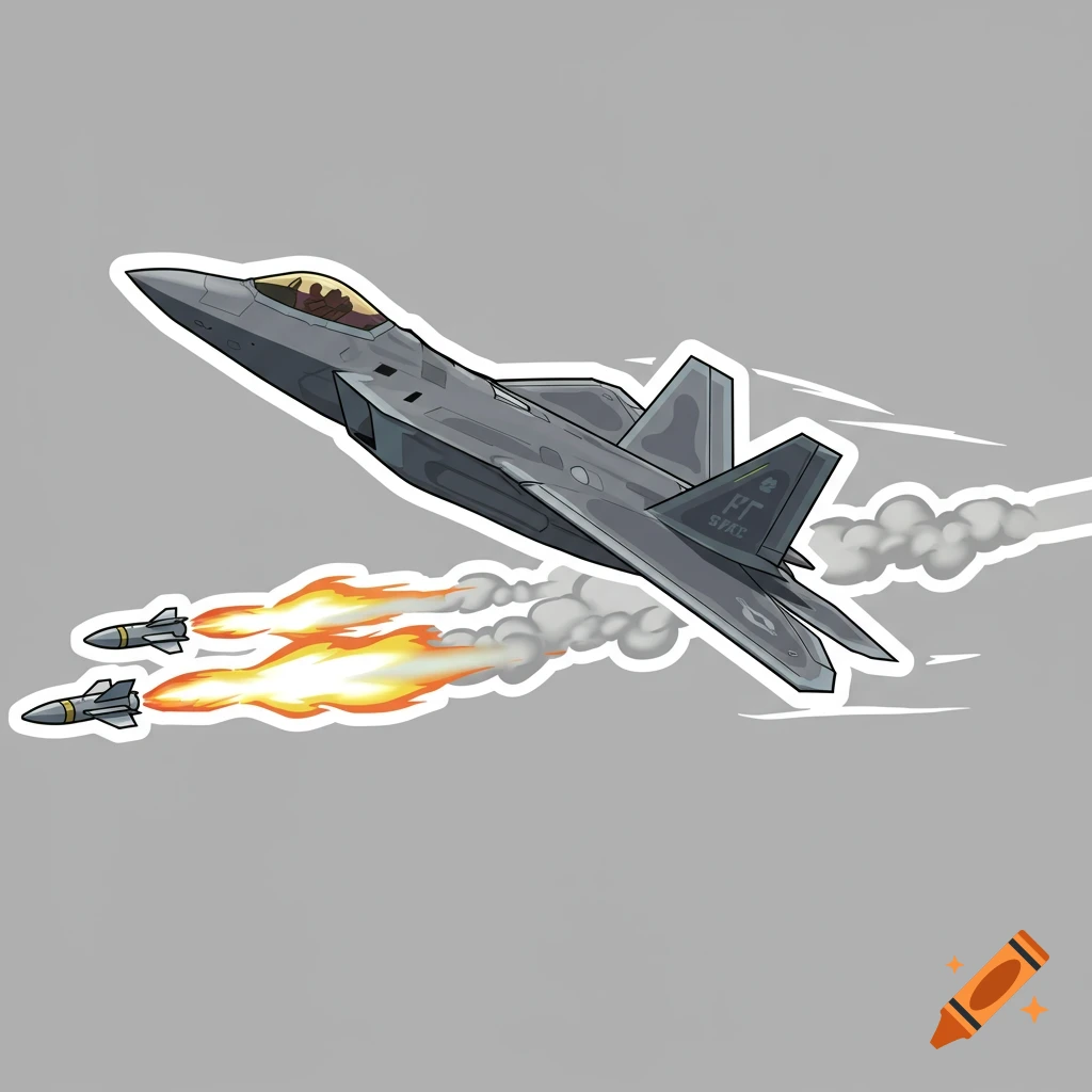 A sticker-style digital illustration of a gray F-22 Raptor fighter jet flying and firing a missile, with flames and smoke trailing.