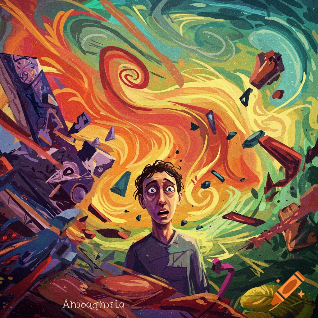 An illustration of a man with wide eyes looking scared, surrounded by a chaotic explosion of vibrant colors and broken objects.